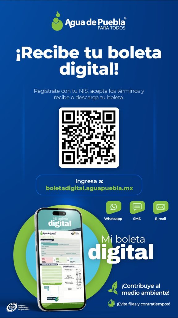 Para contribuir al Cuidado de Medio ambiente, Agua de Puebla lanza la Boleta Digital que llegará por WhatsApp, E-mail o SMS  
