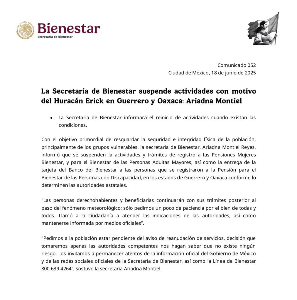 La Secretaría de Bienestar suspende actividades con motivo del Huracán Erick en Guerrero y Oaxaca: Ariadna Montiel