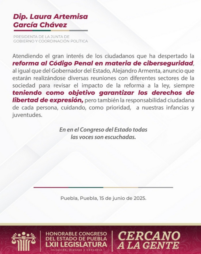 Laura Artemisa García presidenta del Congreso anuncia mesas de trabajo sobre la ley de Ciberseguridad