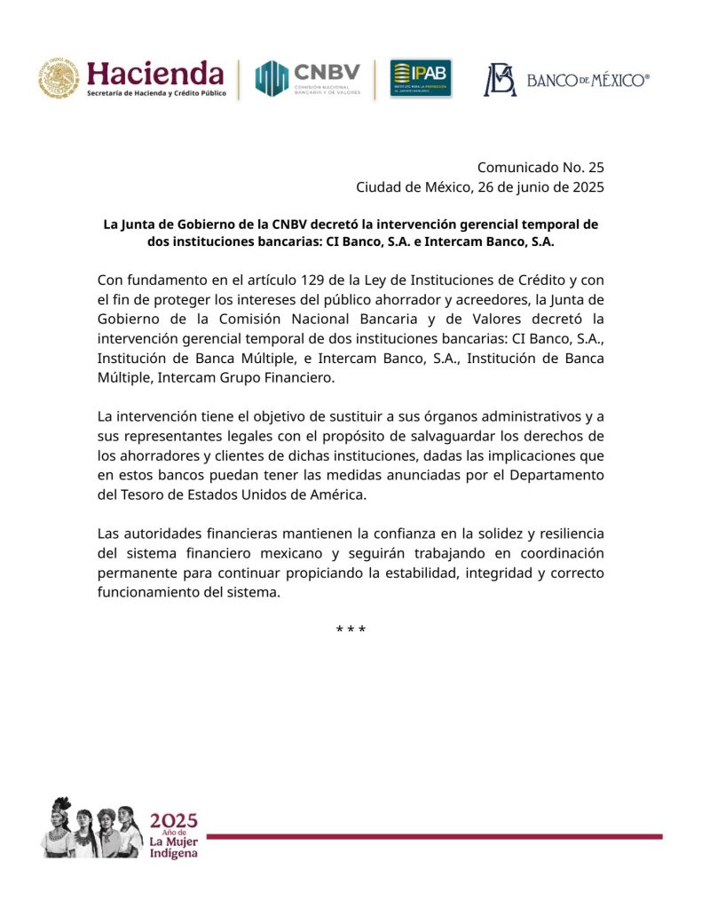 La Junta de Gobierno de la CNBV decretó la intervención gerencial temporal de CI Banco, S.A. e Intercam Banco, S.A.