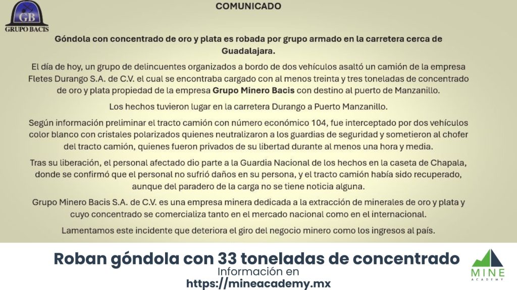 Roban 33 toneladas de oro y plata a minera Bacis en ruta hacia Manzanillo