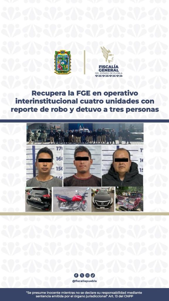 Recupera la FGE en operativo interinstitucional cuatro unidades con reporte de robo y detuvo a tres personas
