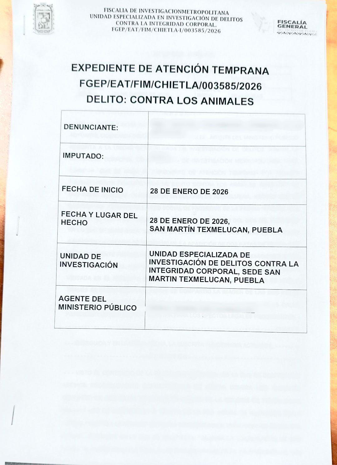 PRESENTÓ BIENESTAR ANIMAL DE TEXMELUCAN DENUNCIA POR CASO DE MALTRATO DE SERES SINTIENTES
