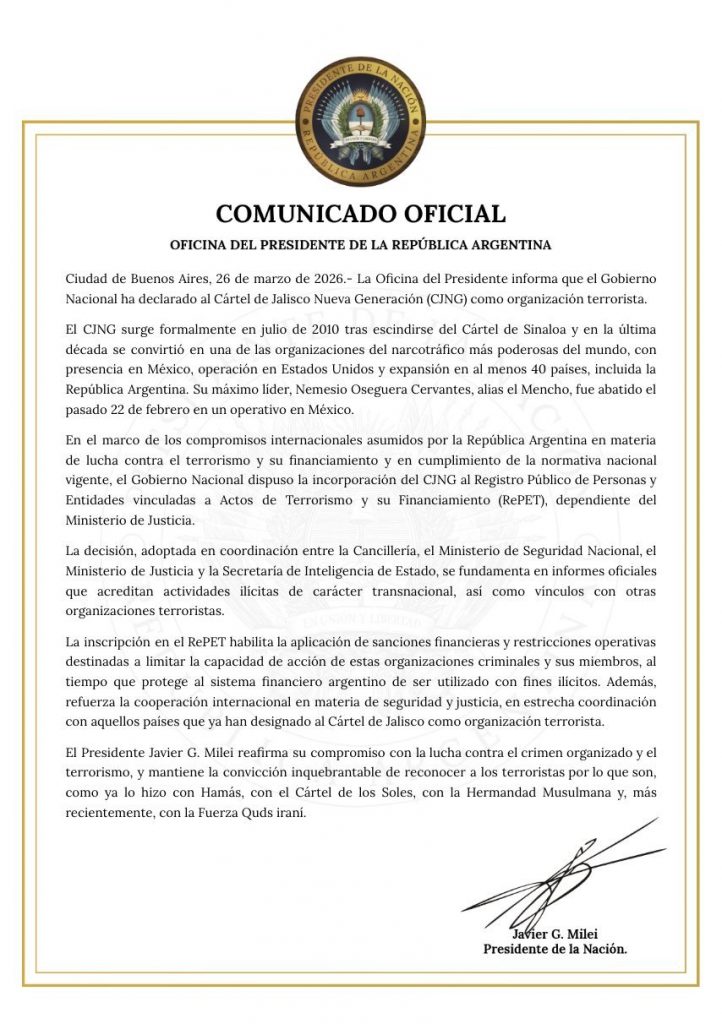 Argentina declara terrorista al CJNG y endurece su postura contra el crimen organizado