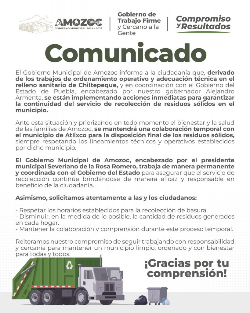 Amozoc garantiza continuidad en recolección de basura con apoyo temporal de Atlixco