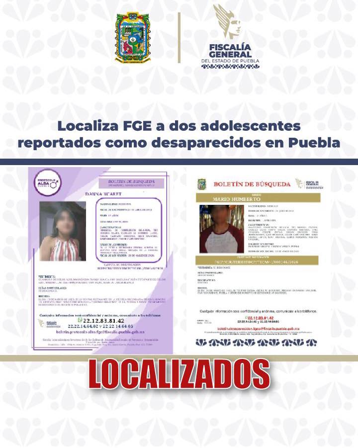 Localiza FGE a dos adolescentes reportados como desaparecidos en Puebla