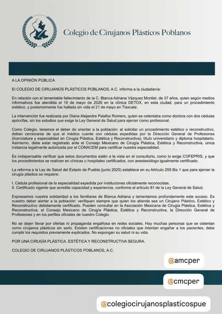 Colegio de Cirujanos de Puebla alerta por ofertas engañosas en redes