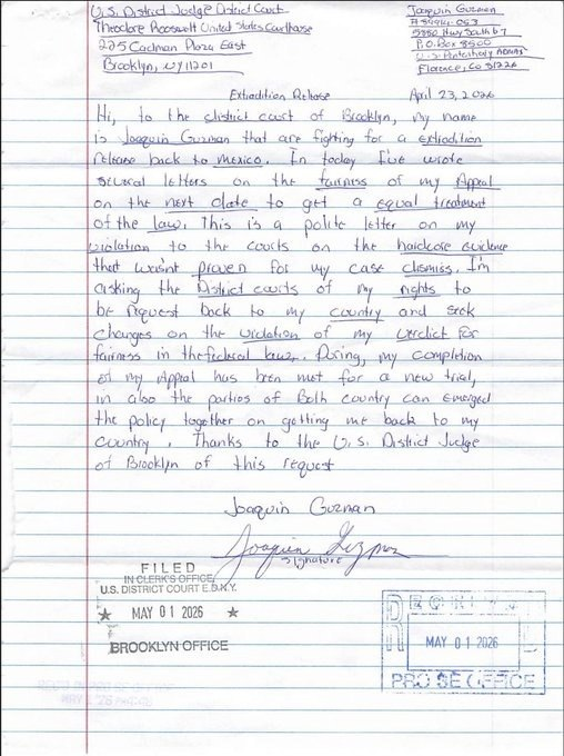 Joaquín “El Chapo” Guzmán pide ser extraditado a México en carta enviada a juez de EU