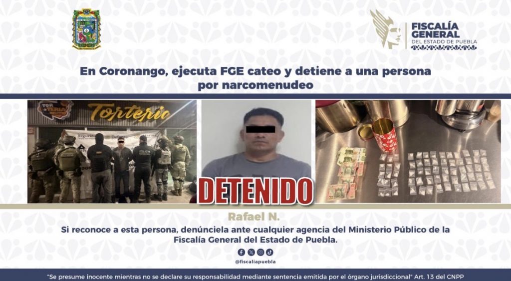 En Coronango, ejecuta FGE cateo y detiene a una persona por narcomenudeo