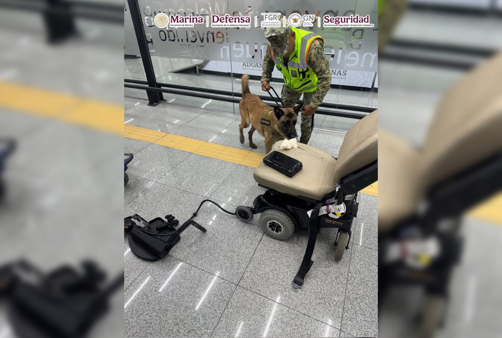 Aseguran más de 8 kilos de cocaína ocultos en silla de ruedas en el AICM