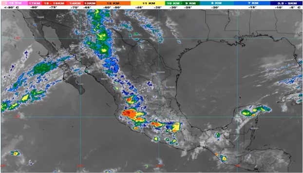 Se pronostican lluvias fuertes, descargas eléctricas y caída de granizo,en regiones de Chiapas, Tabasco, Campeche y Quintana Roo