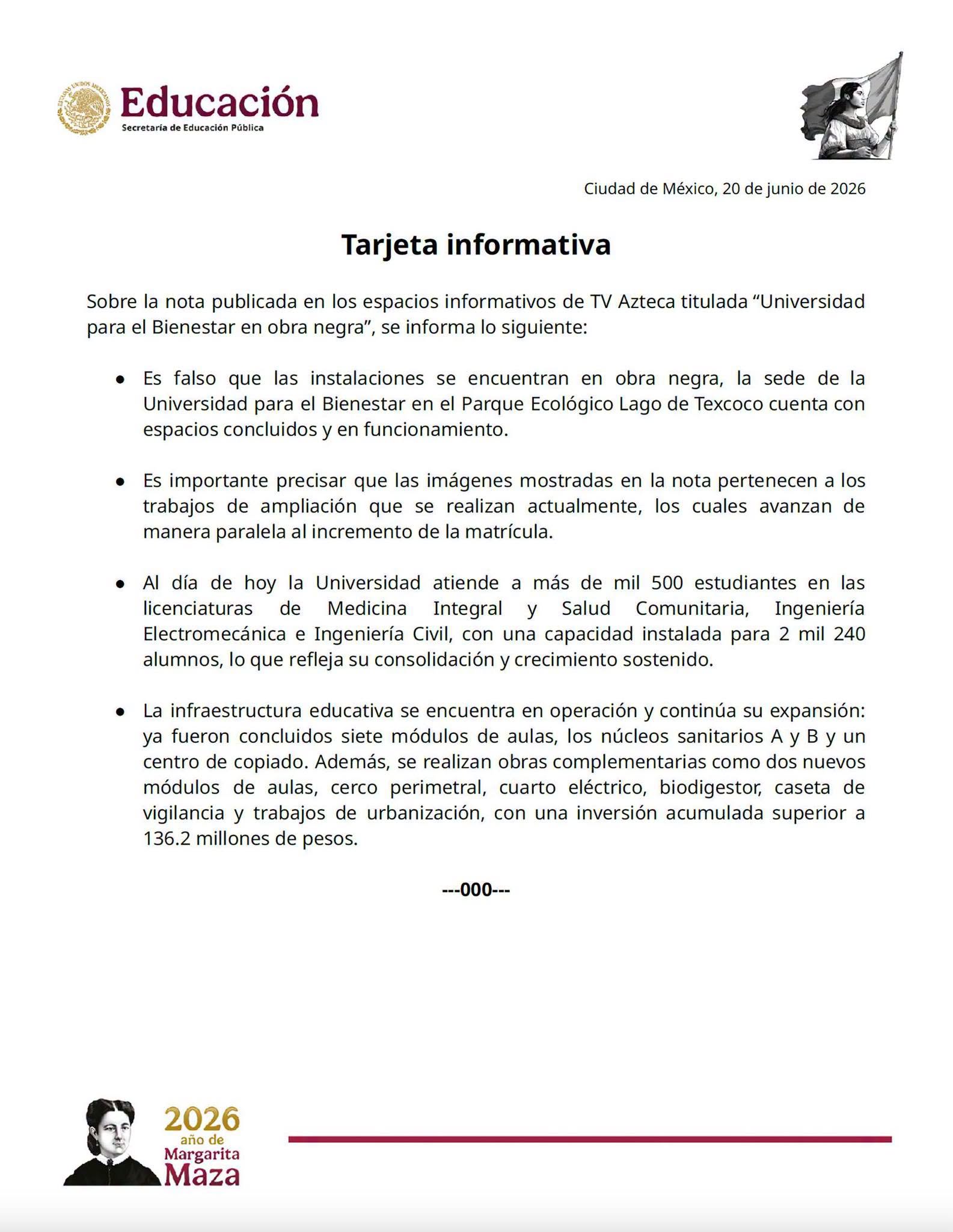Sobre la nota publicada en los espacios informativos de TV Azteca titulada “Universidad para el Bienestar en obra negra”.