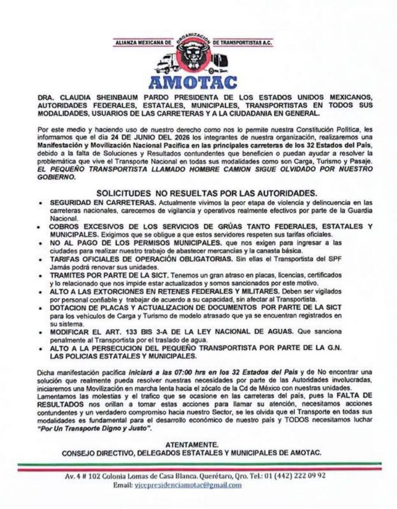 AMOTAC anuncia movilización nacional para el 24 de junio; transportistas protestarán en carreteras de todo México