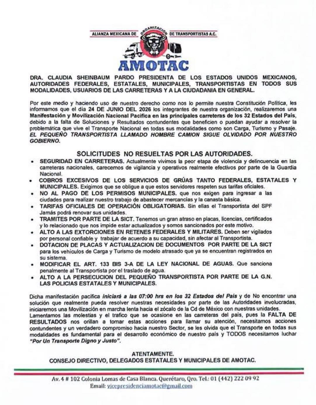 AMOTAC anuncia movilización nacional para el 24 de junio; transportistas protestarán en carreteras de todo México