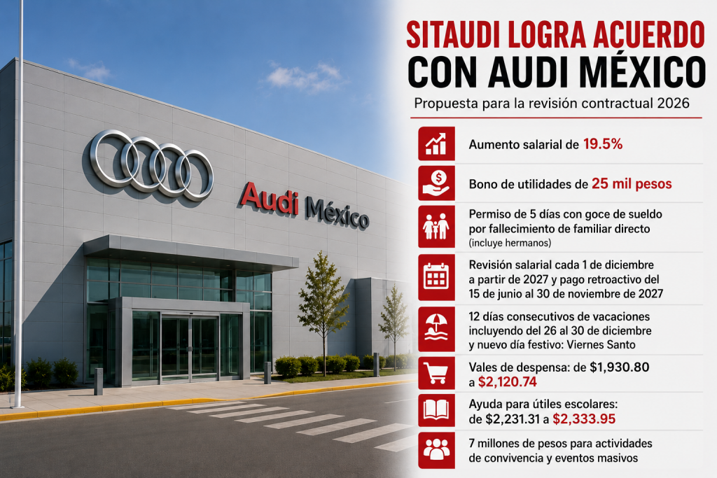 Trabajadores de Audi obtienen alza salarial, mejoras en prestaciones y bono de utilidades