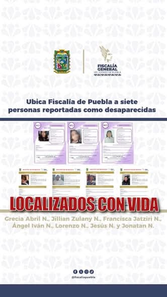 LOCALIZA FISCALÍA DE PUEBLA CON VIDA A SIETE PERSONAS REPORTADAS COMO DESAPARECIDAS