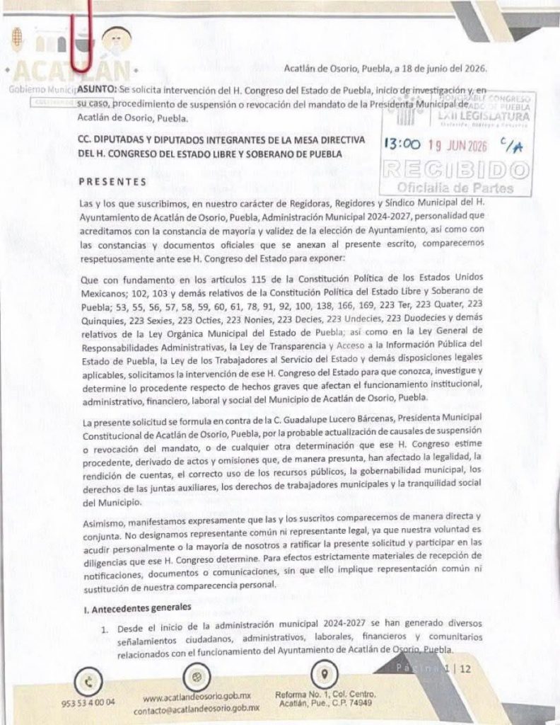 El H. Congreso del Estado de Puebla confirmó la recepción del oficio enviado por regidores de Acatlán de Osorio, en el que solicitan la destitución de la alcaldesa Guadalupe Bárcenas.