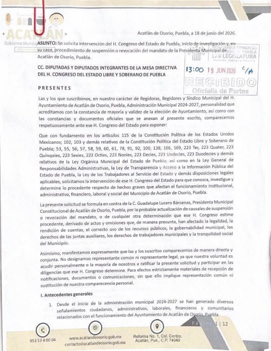 El H. Congreso del Estado de Puebla confirmó la recepción del oficio enviado por regidores de Acatlán de Osorio, en el que solicitan la destitución de la alcaldesa Guadalupe Bárcenas.