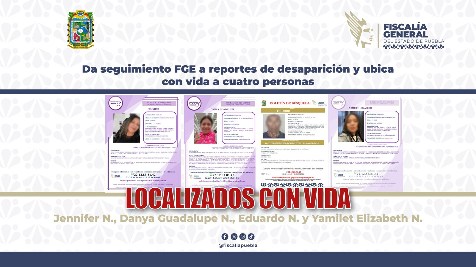 Da seguimiento FGE a reportes de desaparición y ubica con vida a cuatro personas