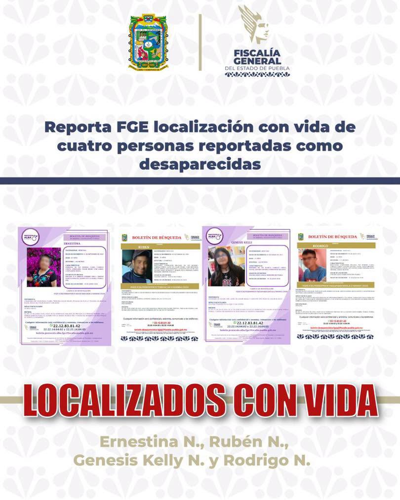 Reporta FGE localización con vida de cuatro personas reportadas como desaparecidas