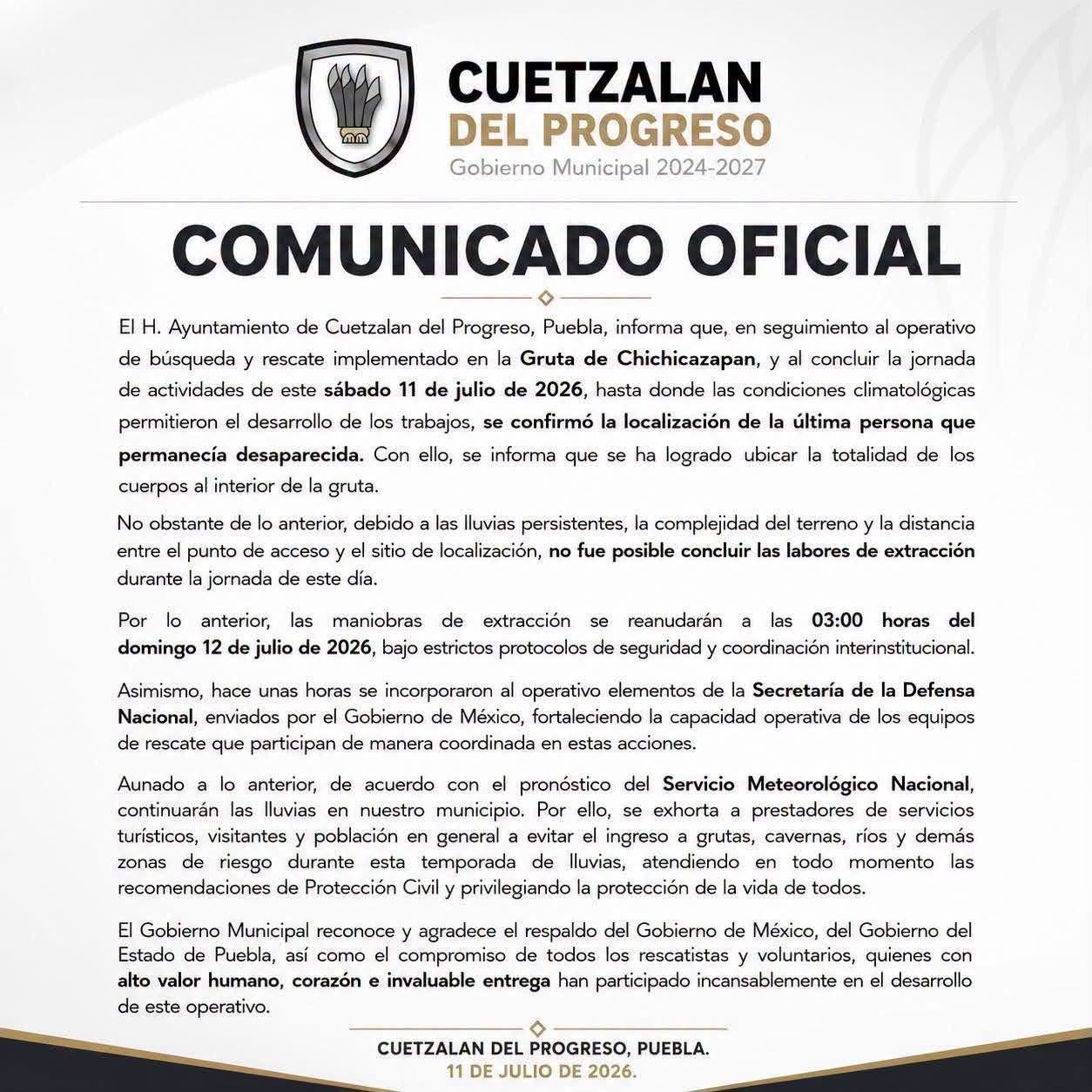 El H. Ayuntamiento de Cuetzalan del Progreso, Puebla, informa que, en seguimiento al operativo de búsqueda y rescate implementado en la Gruta de Chichicazapan