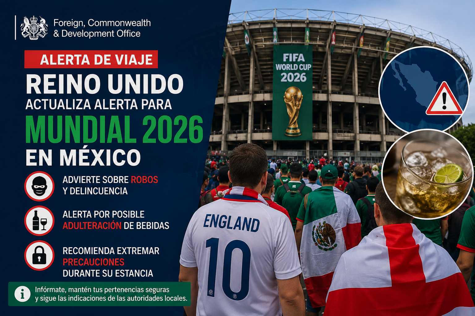 Reino Unido alerta a sus aficionados por robos y bebidas adulteradas rumbo al México vs Inglaterra