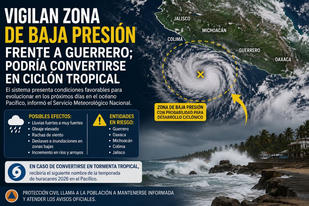 Vigilan zona de baja presión frente a Guerrero; podría convertirse en ciclón tropical