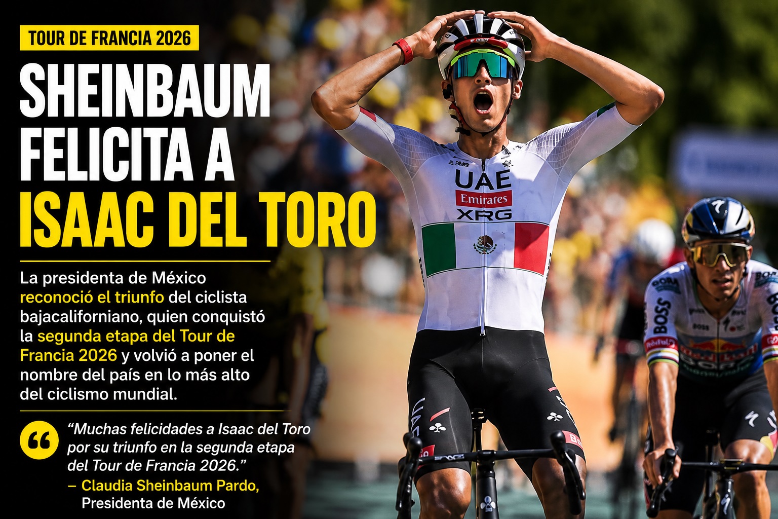 Claudia Sheinbaum felicita a Isaac del Toro por su histórica victoria en el Tour de Francia