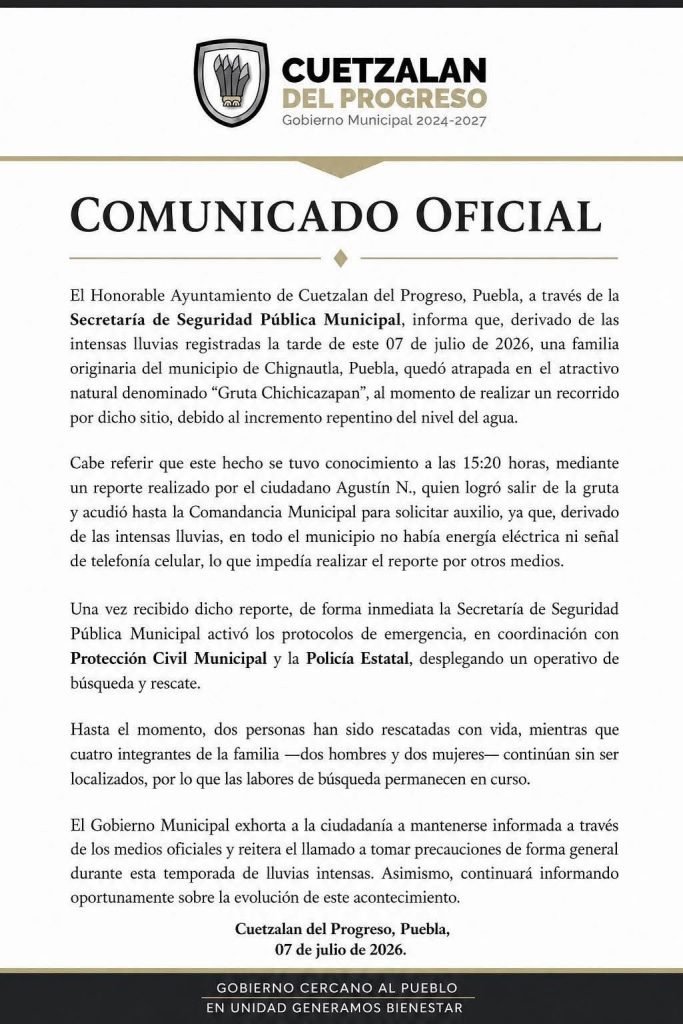 Comunicado oficial del  Ayuntamiento de Cuetzalan del Progreso, Puebla