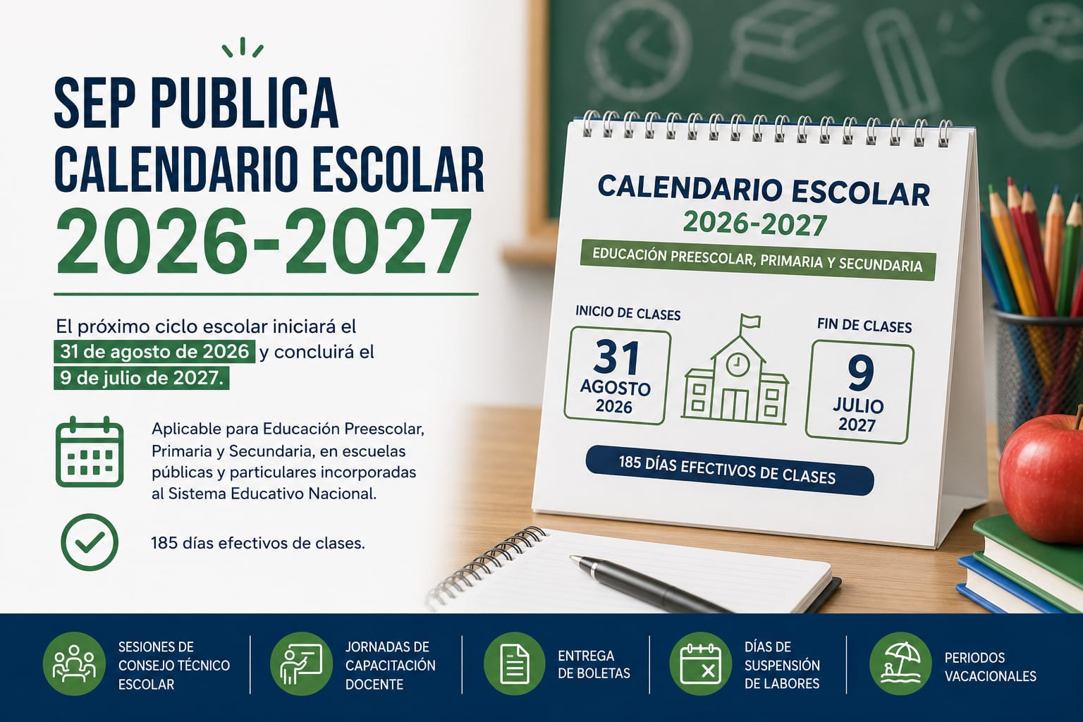 SEP publica el calendario escolar 2026-2027; clases iniciarán el 31 de agosto