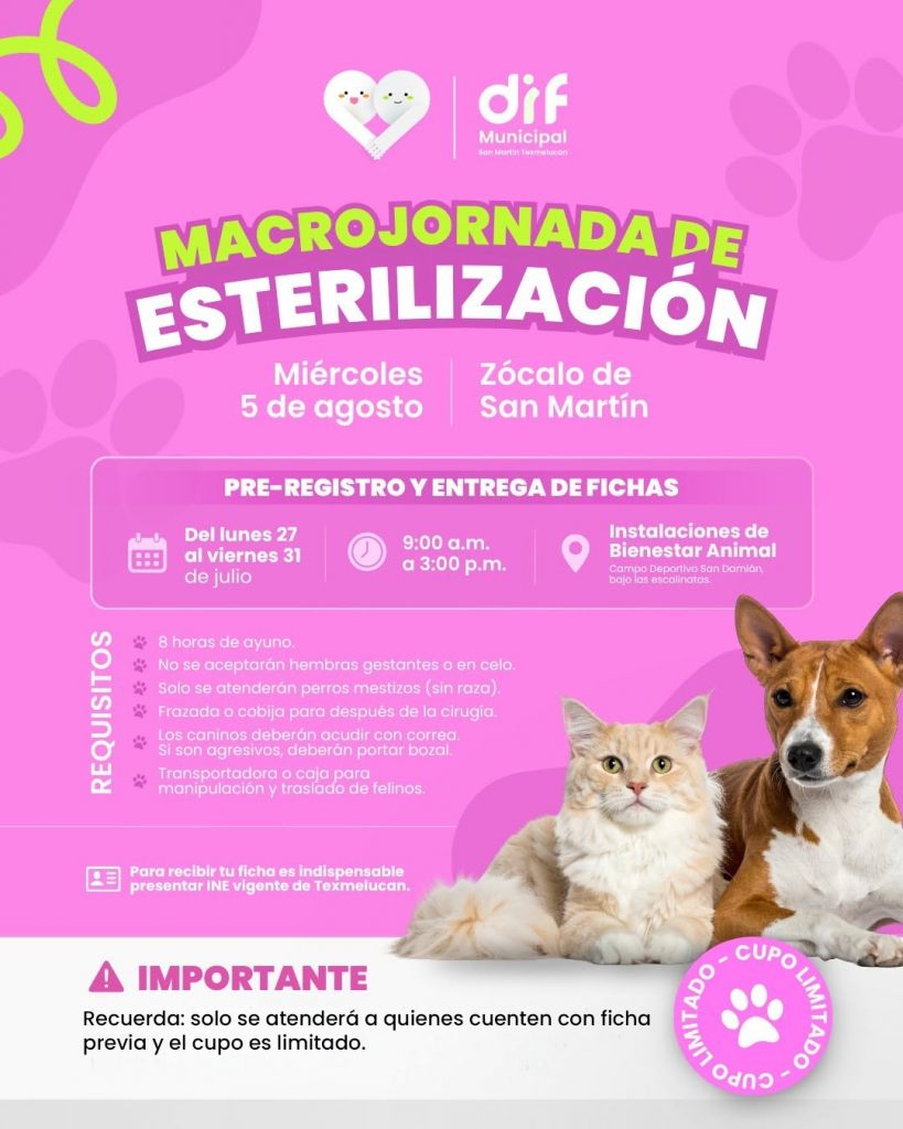 JUNTOS POR EL BIENESTAR ANIMAL: DIF MUNICIPAL DE TEXMELUCAN ANUNCIA MACROJORNADA DE ESTERILIZACIÓN