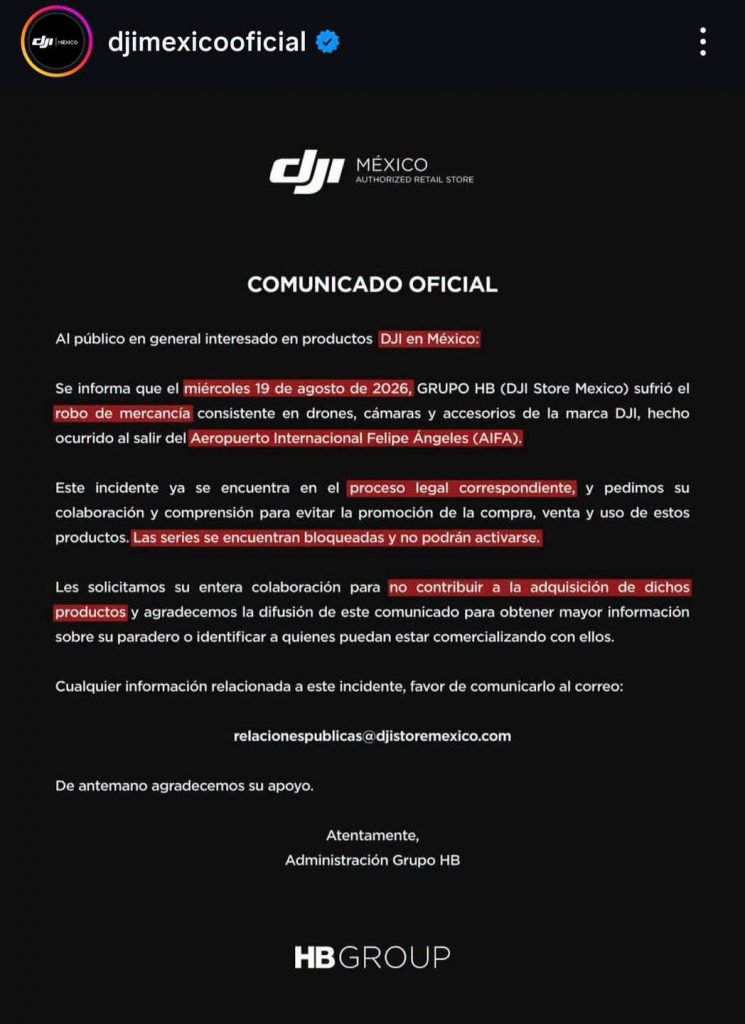 Reportan robo de cargamento de drones DJI después de salir del AIFA