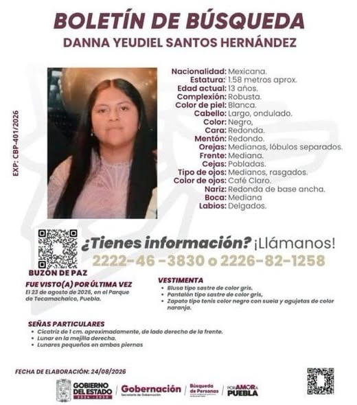 Buscan a Danna Yeudiel, adolescente de 13 años desaparecida en Tecamachalco