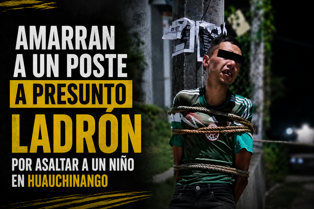 Amarran a un poste a presunto ladrón por asaltar a un niño en Huauchinango
