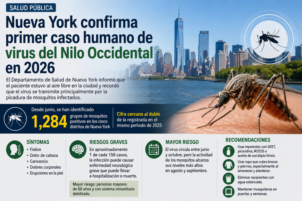 Nueva York confirma primer caso humano de virus del Nilo Occidental en 2026