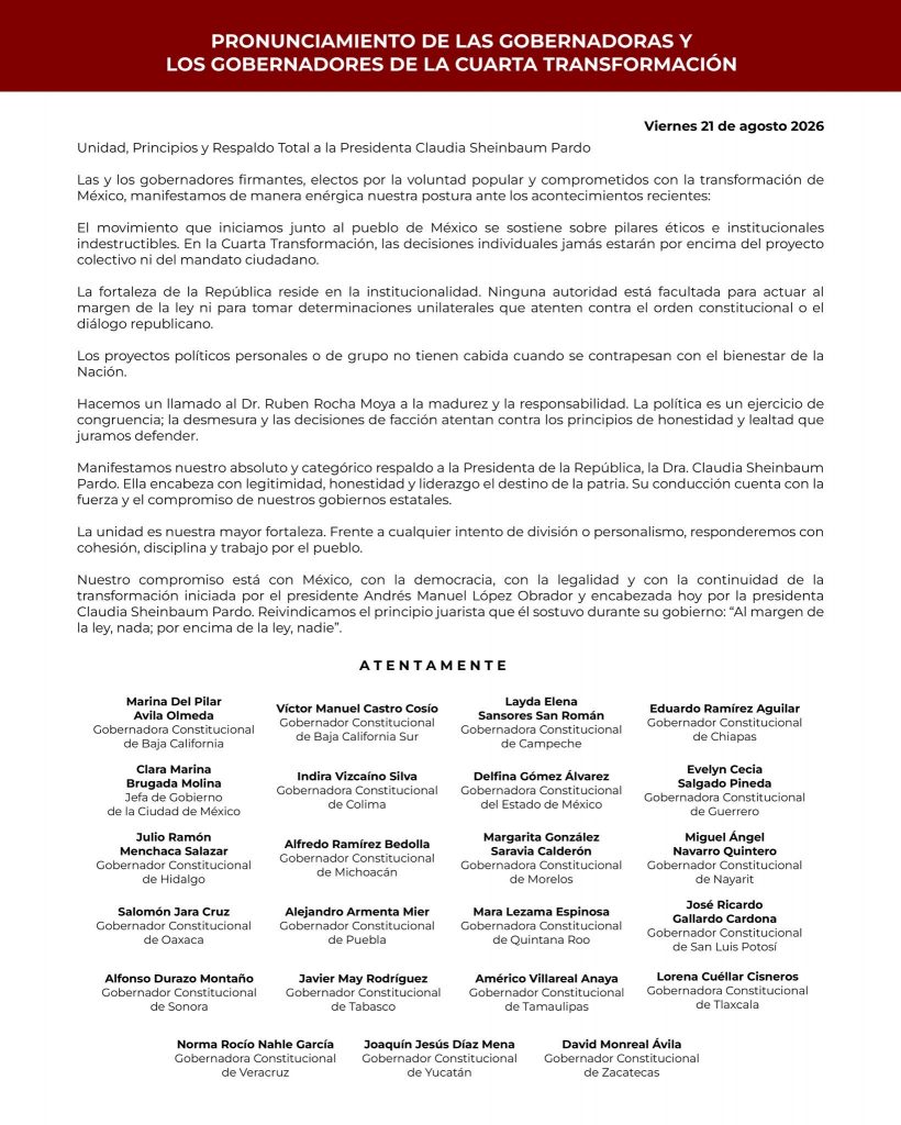 Gobernadores de la 4T cierran filas con Sheinbaum y llaman a Rocha Moya a actuar con madurez
