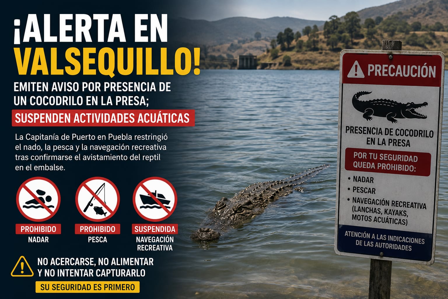 ¡Alerta en Valsequillo! Emiten aviso por presencia de un cocodrilo en la presa; suspenden actividades acuáticas