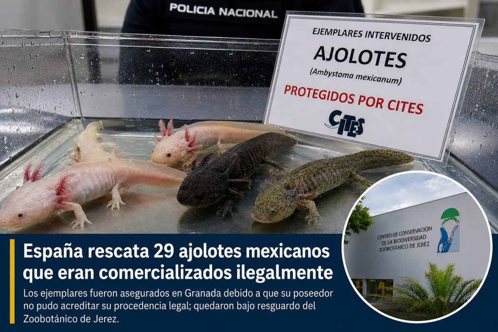 España rescata 29 ajolotes mexicanos que eran vendidos ilegalmente; investigan a un mexicano