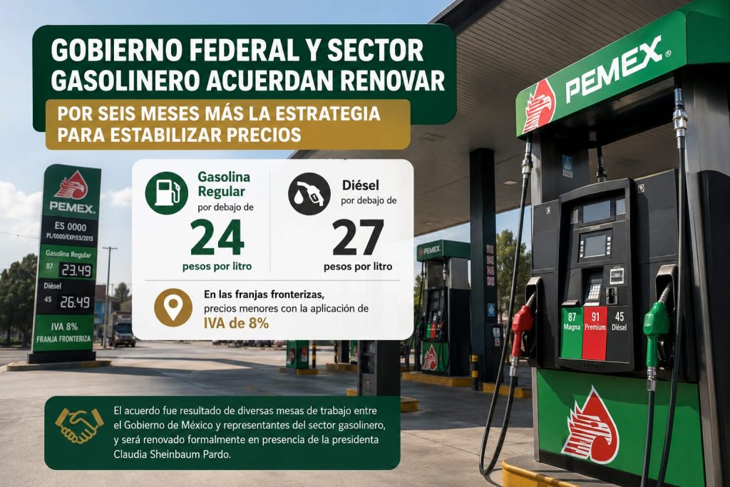 Gobierno Federal y Sector Gasolinero acuerdan renovar por seis meses más la Estrategia Nacional para Estabilizar el Precio de la Gasolina Regular y el Diésel.