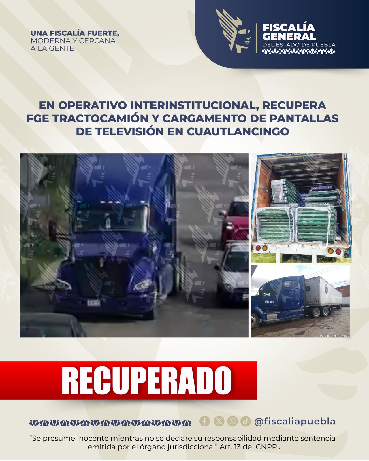 En operativo interinstitucional, recupera FGE tractocamión y cargamento de pantallas de televisión en Cuautlancingo