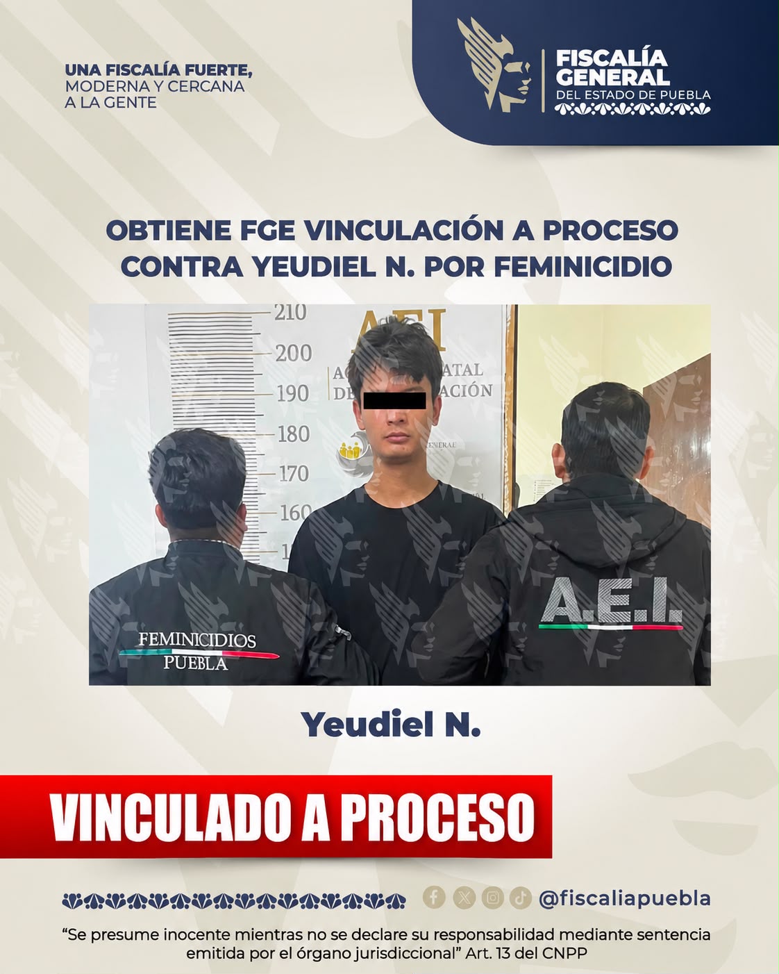 Obtiene FGE vinculación a proceso contra Yeudiel N. por feminicidio