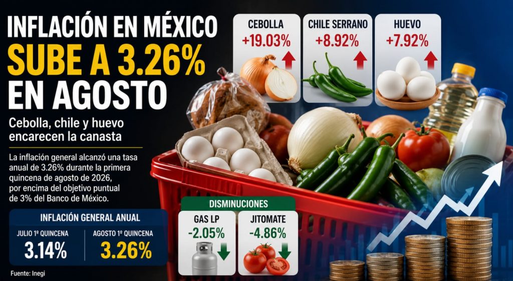 Inflación en México sube a 3.26% en agosto; cebolla, chile y huevo encarecen la canasta
