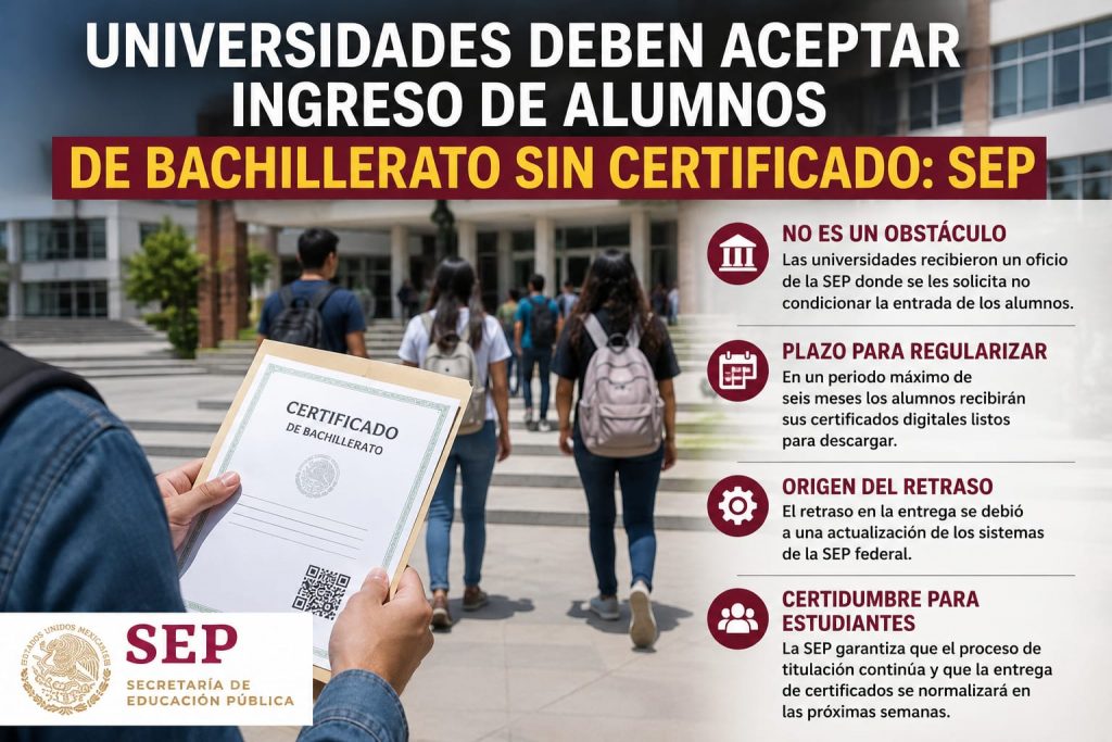 Universidades deben aceptar ingreso de alumnos de bachillerato sin certificado: SEP