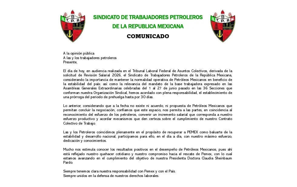 Sindicato da un mes más a Pemex para cerrar la negociación salarial y evitar la huelga