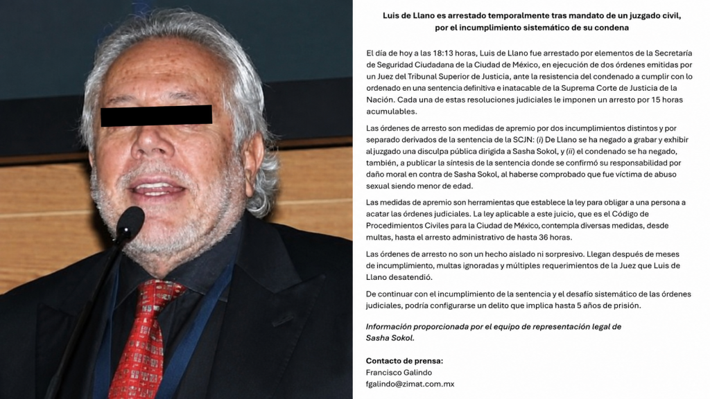 Arrestan temporalmente a Luis de Llano por incumplir sentencia en caso de Sasha Sokol