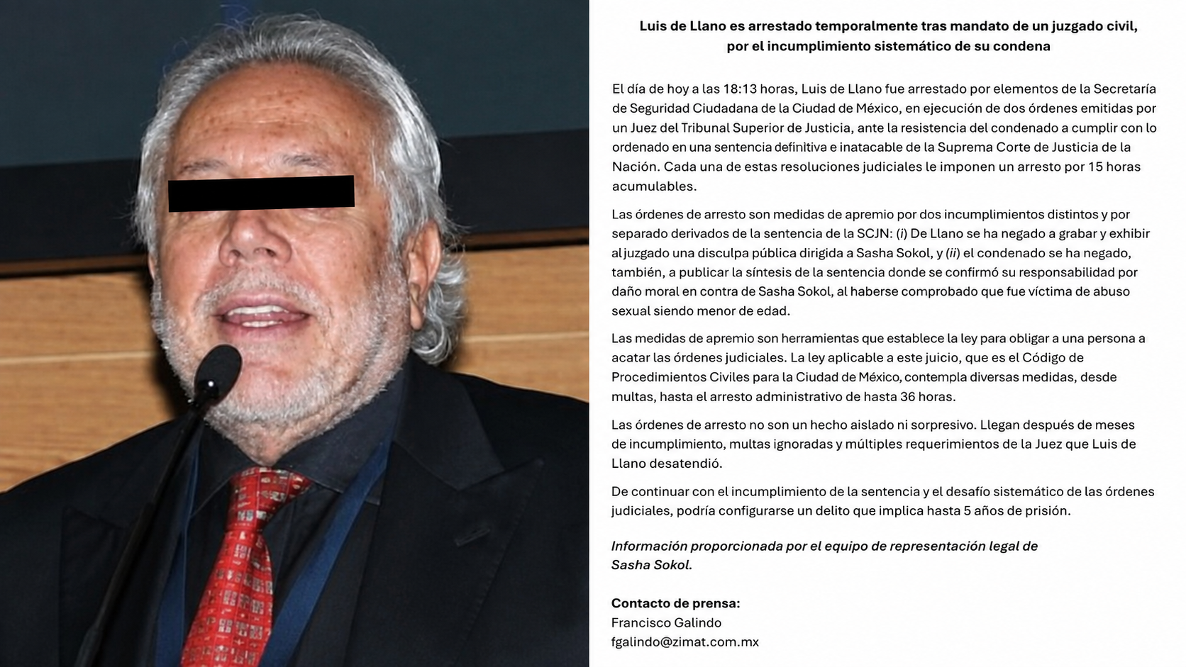 Arrestan temporalmente a Luis de Llano por incumplir sentencia en caso de Sasha Sokol