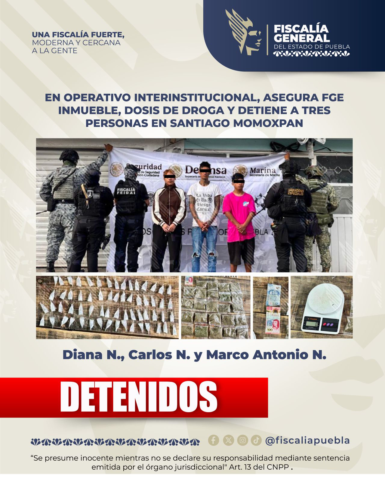 En operativo interinstitucional, asegura FGE inmueble, dosis de droga y detiene a tres personas en Santiago Momoxpan
