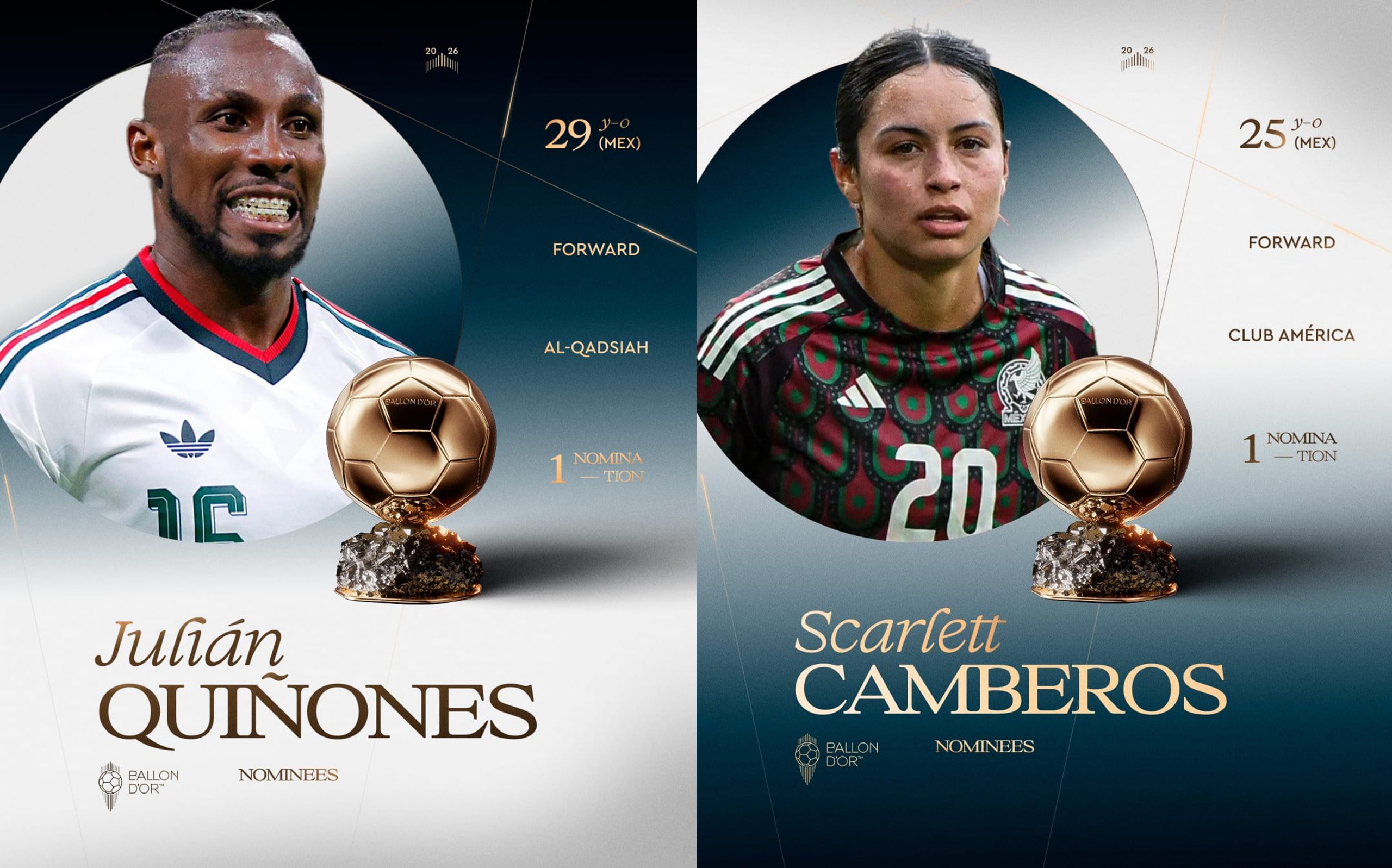 Scarlett Camberos y Julián Quiñones son nominados al Balón de Oro 2026