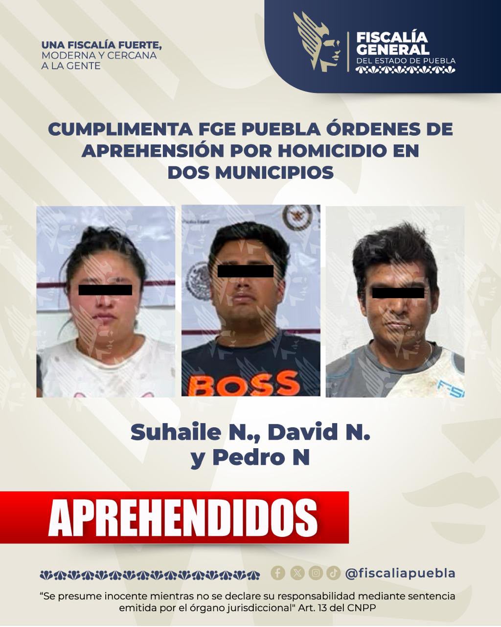 Cumplimenta FGE Puebla órdenes de aprehensión por homicidio en dos municipios