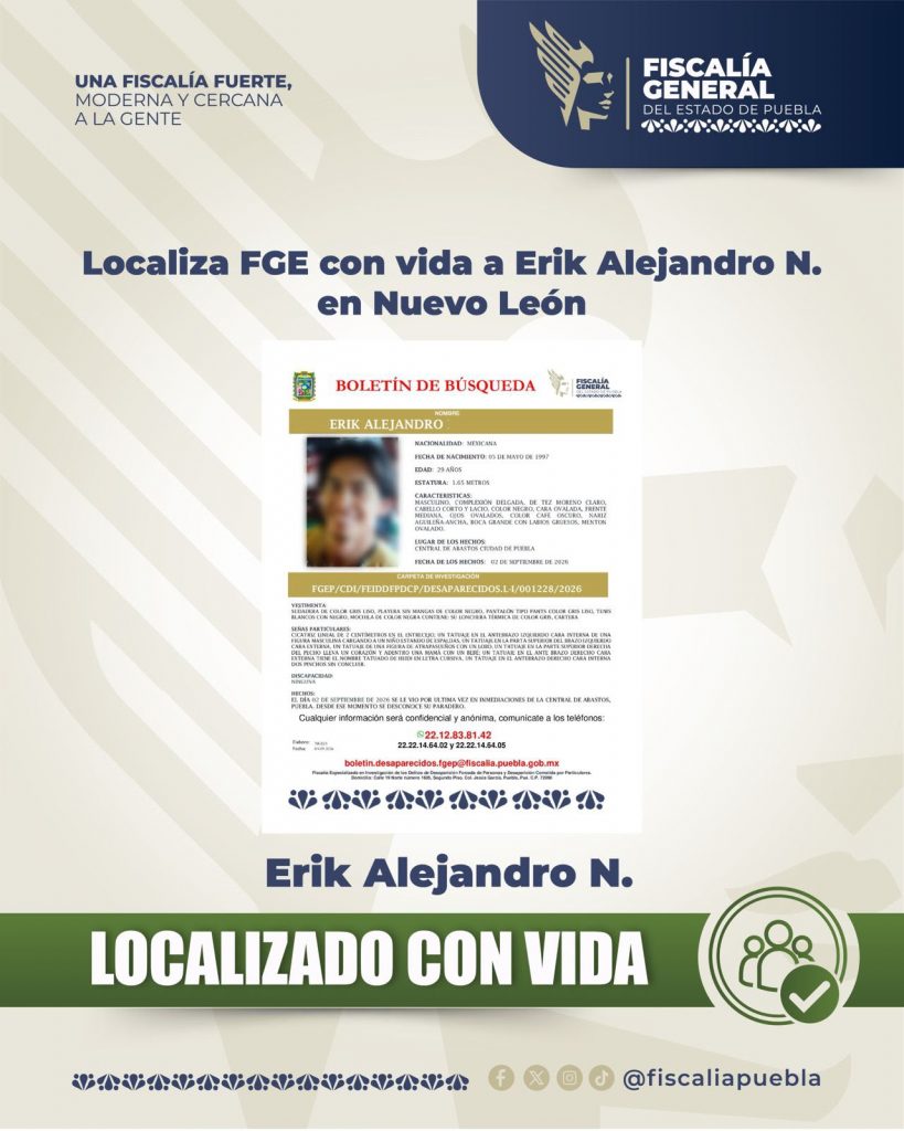 Localiza FGE con vida a Erik Alejandro N. en Nuevo León